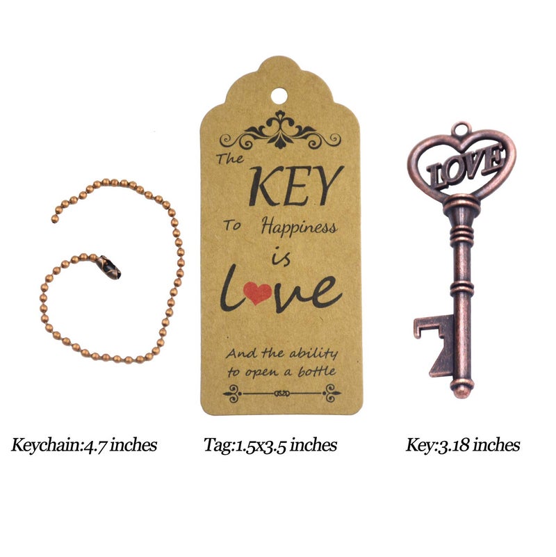 Makhry 52pcs Vintage Skeleton Key Bottle Opener with Love Heart Escort Tags and Keychain as Wedding Favor for Wedding Decor (Antique Copper) - Image 2